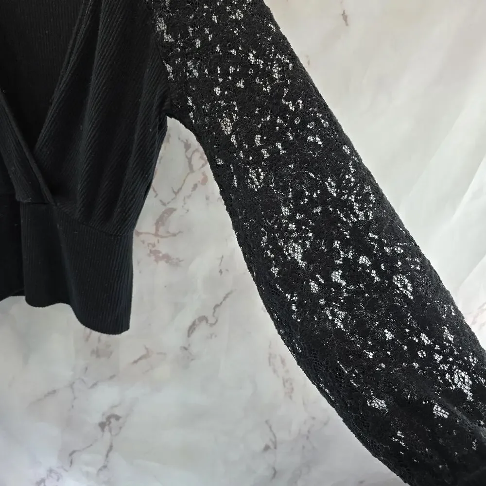 Anthropologie Shirt Womens Small Black Lace Puff Sleeve Faux Wrap Rib Sweater